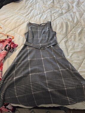 White House Black Market Black and White Plaid Midi Dress with Belt